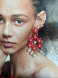 J Crew Chandelier Coral Flower Rhinestone Pearl Gold Tone Earrings 3 3/8