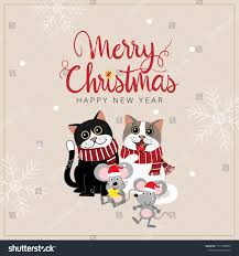 Merry Christmas And Happy New Year Greeting Card With Cute Cats And Mouse Animal Cartoon C Happy New Year Greetings New Year Greetings New Year Greeting Cards