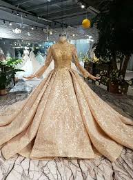 Luxury Champagne Gold Ball Gown Sequins Appliques High Neck Long Sleeve Wedding Dress High Neck Long Sleeve Wedding Dress Ball Gowns Long Sleeve Wedding Gowns