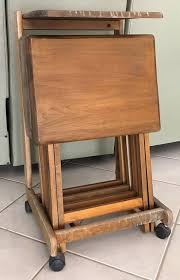 Vintage 5 Pc Solid Wood Tv Tray Tables Stand With Flip Top Castors Unique Tray Table Set Old Weathered Tv Tray Set Display Prop Tv Tray Table Tray Table Wood Tray