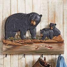 Mama Bear Amp Cubs Carved Wood Coat Rack Bear Decor Black Bear Decor Bear Carving