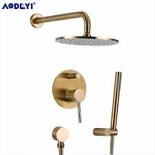 Unlacquered brass wall mount faucet, wall valve included, flat handles. Brushed Gold Solid Brass Bathroom Shower Set Rianfall Head Bath Faucet Wall Mounted Ceiling Arm Mixer Water System Panel Black Shower Faucets Aliexpress