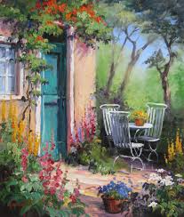 Romantische Gartenterrasse Mit Gruner Tur Und Tisch Mit Stuhlen Rosa Malven Und Gold Felberich Stehen In Der Kunstmalerei Kunstproduktion Romantische Gemalde