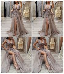Gray V Neck Tulle Lace Long Prom Dress Gray Evening Dress Grey Evening Dresses Dark Blue Prom Dresses Holiday Dress Outfit