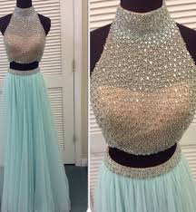 tiffany blue tulle prom dress high neck beaded prom dress two pieces long formal dress homecoming dresses for teenager girls