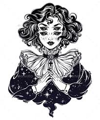 Gothic Witch Girl Head Portrait With Curly Hair Witch Tattoo Gothic Drawings Gothic Tattoo