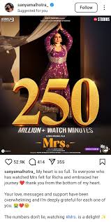 Sanya Malhotras movie Mrs. completes 250 Million+ watch minutes !! :  rbollywood