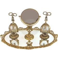 Guildcrest 24k Gold Plated Vanity Set Perfume Bottles Mid Century Hollywood Regency Vanity Set Vanity Accessories Antique Vanity