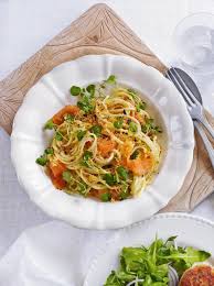 Smoked Salmon And Watercress Linguine With Chilli Crumbs Recipe Delicious Magazine Recipe Watercress Recipes Pasta Recipes Salmon Pasta Recipes