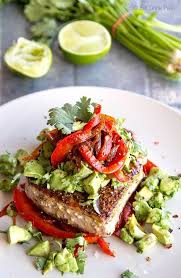 Spiced Mexican Tuna Steaks With Sweet Peppers Avocado Salsa Paleo Recipes Whole30 Fish Recipes Healthy Recipes