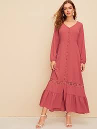 Button Front Contrast Lace Ruffle Hem Dress Shein Ruffle Hem Dress Hem Dress Dresses