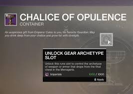You'll unlock the first slot in the invitation quest, but you'll have to buy the other two slots with . Destiny 2 The Menagerie Guide Obtaining The Chalice Of Opulence Quest Steps Pro Game Guides