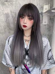 Black Brown Gradient Silver Gray Long Straight Hair With Etsy In 2021 Straight Wig Straight Hairstyles Long Straight Hair