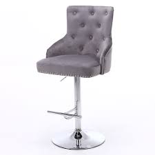 Adjustable Bar Stool In Silver Grey Velvet With Silver Studs Rocco Furniture123