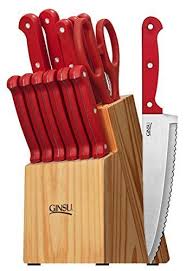 Ginsu Essential Series 14 Piece Stainless Steel Serrated Knife Set Cutlery Set With Red Kitchen Knives In A Natural B Ginsu Knife Set Kitchen Knife Block Set
