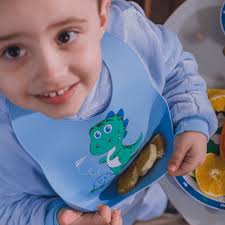 Kit Alimentação 3 Peças com Prato com Divisórias Babador e Talheres Inox  Azul Petit Piá