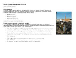 In this method the contractor builds to a defined scope of works for a fixed price lump sum. Construction Procurement Methods