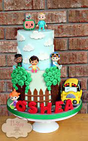This cake is frosted with green buttercream with fondant strip details, antenna, small ladybug and cocomelon face. Cocomelon Cake Baby Boy 1st Birthday Party 2nd Birthday Party For Boys Baby Birthday Cakes
