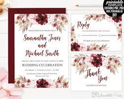 Marsala Wedding Invitation Set Template Printable Burgundy Bohemian Bordo Red Flo Wedding Invitation Templates Wedding Invitations Burgundy Wedding Invitations