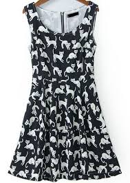Shop Black Sleeveless Cats Print Zipper Dress Online Shein Offers Black Sleeveless Cats Print Zipper Dress More To Fit Y Cat Print Dress Fashion Cat Dresses