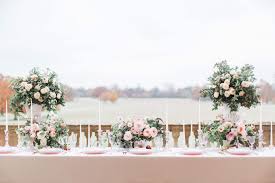 Two Large Tall Flower Centerpieces Unique Flower Arrangements With Table Set Up In A Blush And White C Flowers London Wedding Flowers Tall Flower Centerpieces