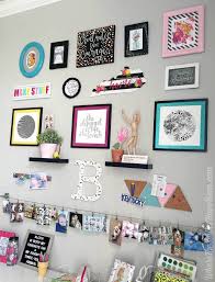 These two craft room ideas are great examples on how to create beautiful and organized storage on pegboards using floating shelves, containers, towel bars, paper or ribbon holders, etc. Colorful Craft Room Gallery Wall Craft Room Craft Room Decor Disney Wall Decor