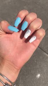 Mix bright blue and white for your long nails. White And Blue Glitter Summer Acrylic Nails Nails Summer Acrylic Nails Blue Glitter