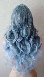 Pastel Blue Ombre Wig Long Curly Blue Wig With Side Bangs Etsy Hair Styles Denim Hair Pretty Hairstyles