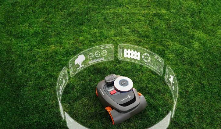 VisionFence camera unit detecting obstacles in real time without boundary wires, AI generated
