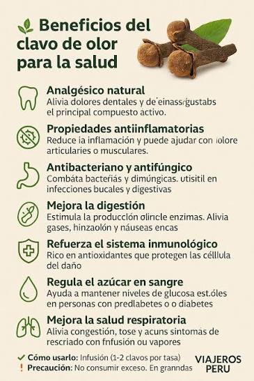 🌿 Beneficios del clavo de olor para la salud 1. Analgésico natural •  Alivia dolores dentales y de encías gracias al eugenol, su principal  compuesto activo. 2. Propiedades antiinflamatorias • Reduce la