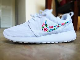 We add print on the nike swoosh, heel, front &more. Womens Custom Nike Roshe Run Floral Design Custom Floral Nike White With Pop Of Color Cute And Trendy Nike Shoes Women Nike Shoes Cheap Floral Nikes
