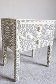 Bone Inlay Leaf Pattern Bedside Table With 2 Drawers In Grey Bone Inlay Furniture Inlay Furniture Bone Inlay Bedside Table