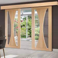 thruslide surface verona oak sliding double door and track kit clear glass prefinished lifestyle image slidingdoors contemporar the doors vouwdeuren