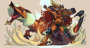 great wroggi, monster hunter (series), monster hunter rise, highres, 1girl,  abs, boots, brown eyes, chaps, cowboy boots, cowboy hat, crop top,  dark-skinned female, dark skin, fangs, gnrtnm, hat, hat over one eye,