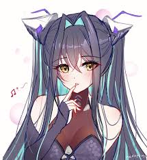 nekoponart, little mermaid (nikke), goddess of victory: nikke, 1girl,  artist name, bare shoulders, black hair, blush, bodysuit, breasts, detached  sleeves, gloves, hair between eyes, hair intakes, hair ornament,  halterneck, hand to own