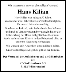 Mit dem bic codef1whd wird das kreditinstitut dvprivatbank mit dem firmensitz in 91452 wilhermsdorf (bayern) als weltweit einheitlicher bankkode einmalig. Traueranzeigen Von Hans Kilian Trauer Flz De