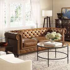Coastal Farmhouse Arnette 98 Genuine Leather Chesterfield Rolled Arm Sofa Chesterfield Sofa Living Room Chesterfield Living Room Living Room Leather