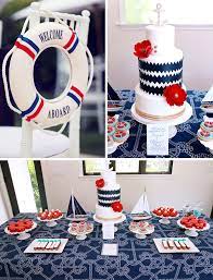 The babies onesie hanging on the wall leaves you in no doubt that the celebration is for a baby. Nautical Baby Shower Party Planning Ideas Decor Cake Idea Ahoy Nautical Baby Shower Sailor Baby Showers Baby Shower