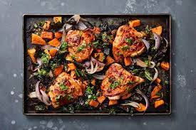 Spicy Sheet Pan Chicken With Sweet Potatoes And Kale Recipe Recipe In 2021 Chicken Sweet Potato Pan Chicken Kale Recipes