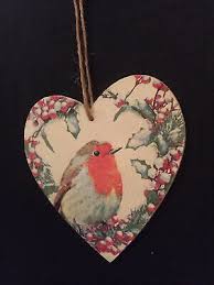 Handmade Glitter Robin Holly Christmas Heart Shaped Wooden Wall Hanging  Plaque
