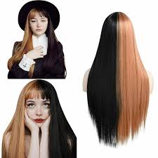 (highly requested video) #split dye hair tutorial this is me dying my hair half blond and half black! Long Straight Synthentic Wig Half Black Half Brown With Bangs Party Cosplay Wigs Ebay