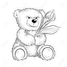 Clipart of the face of a cute brown teddy bear with eyes rolled left. Drawing Teddy Bear With Flower Black And White Vector Illustration Royalty Free Cliparts Vectors And Stock Illustration Image 124849684