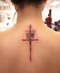 Tattoos always have to be big and intricate to look amazing. Illustration Cross Sword And Crown On The Back Hon Tattoo Crown Tattoo Design Sword Tattoo Crown Tattoo