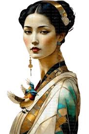 asian woman, green , gold , larissa , bird , art , deco
