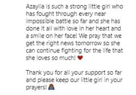 'azaylia had to go into theatre yesterday, for a bone marrow test to read her leukaemia count, plus, a lumber puncture to extract samples to send off to singapore. Ashley Cain Surpasses His Fundraising Goal Of 1million For His Daughter Azaylia Around World Journal