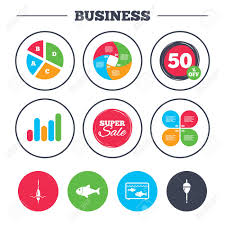 business pie chart growth graph fishing icons fish with fishermen