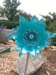 Turquoise Med Flower Glass Garden Art Garden Whimsy Glass Plate Flowers