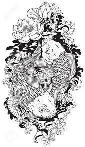 Black And White Koi Fish And Lotus Flower Tattoo Two Koi Gold Carp Fishes Lotus Flower With Water Splash And Feng Shui Money Coins Black And White T En 2020 Arte De Unicornio Arte De Tatuaje Japones Pez Koi Dibujo