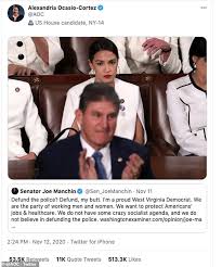 I believe her overtly partisan statements. Aoc Tweets Picture Of Herself Shooting Daggers At Dem Senator Joe Manchin Newscolony
