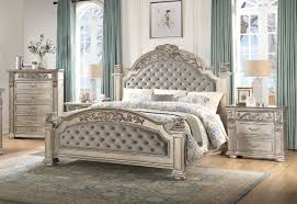 Grey finish with chrome accent pulls faux white marble accents on dresser, mirror, bed and nightstand back panels Platinum Bedroom Set 5pc W Options